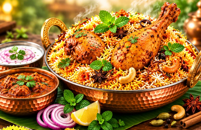 Chicken biriyani with gravy and raita