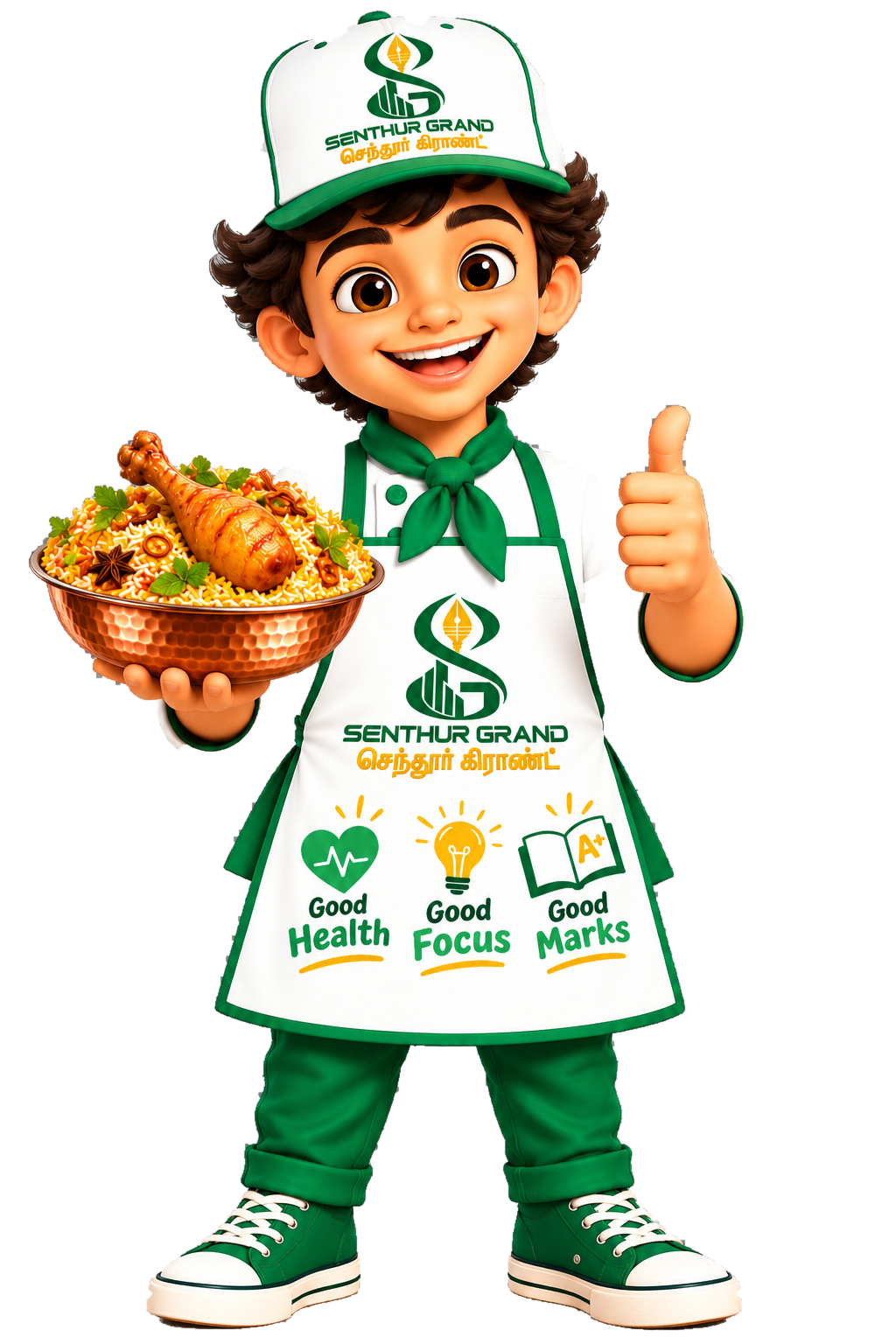 Senthur Grand mascot wearing a white apron and holding biriyani